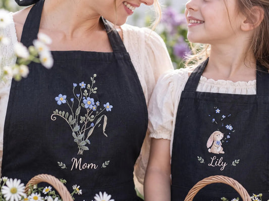 Personalized Mom and Me Aprons Set of 2, Hand Embroidered Blue Wildflowers & Bunny, Custom Names, Black Linen Mother Daughter Apron Gift Set