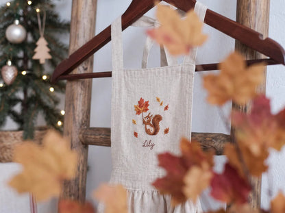Personalized Mom and Me Aprons Set of 2, Hand Embroidered Pumpkin, Autumn Leaves & Squirrel, Custom Names, Beige Linen Fall Cooking Gift Set