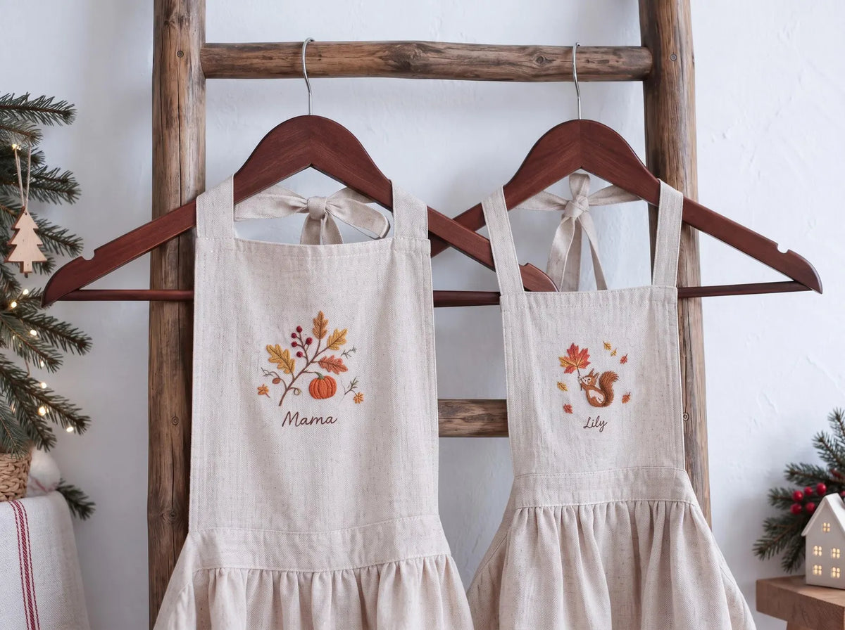 Personalized Mom and Me Aprons Set of 2, Hand Embroidered Pumpkin, Autumn Leaves & Squirrel, Custom Names, Beige Linen Fall Cooking Gift Set