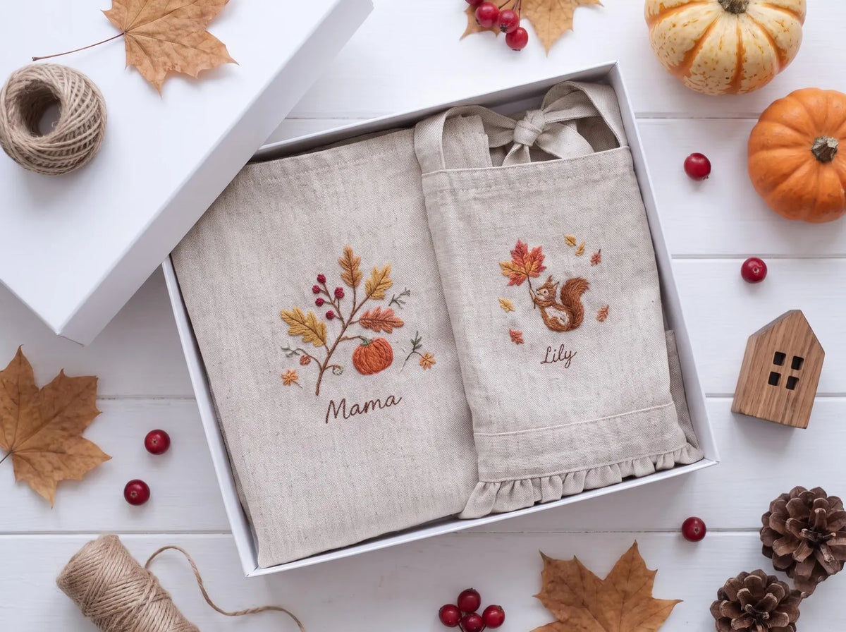 Personalized Mom and Me Aprons Set of 2, Hand Embroidered Pumpkin, Autumn Leaves & Squirrel, Custom Names, Beige Linen Fall Cooking Gift Set