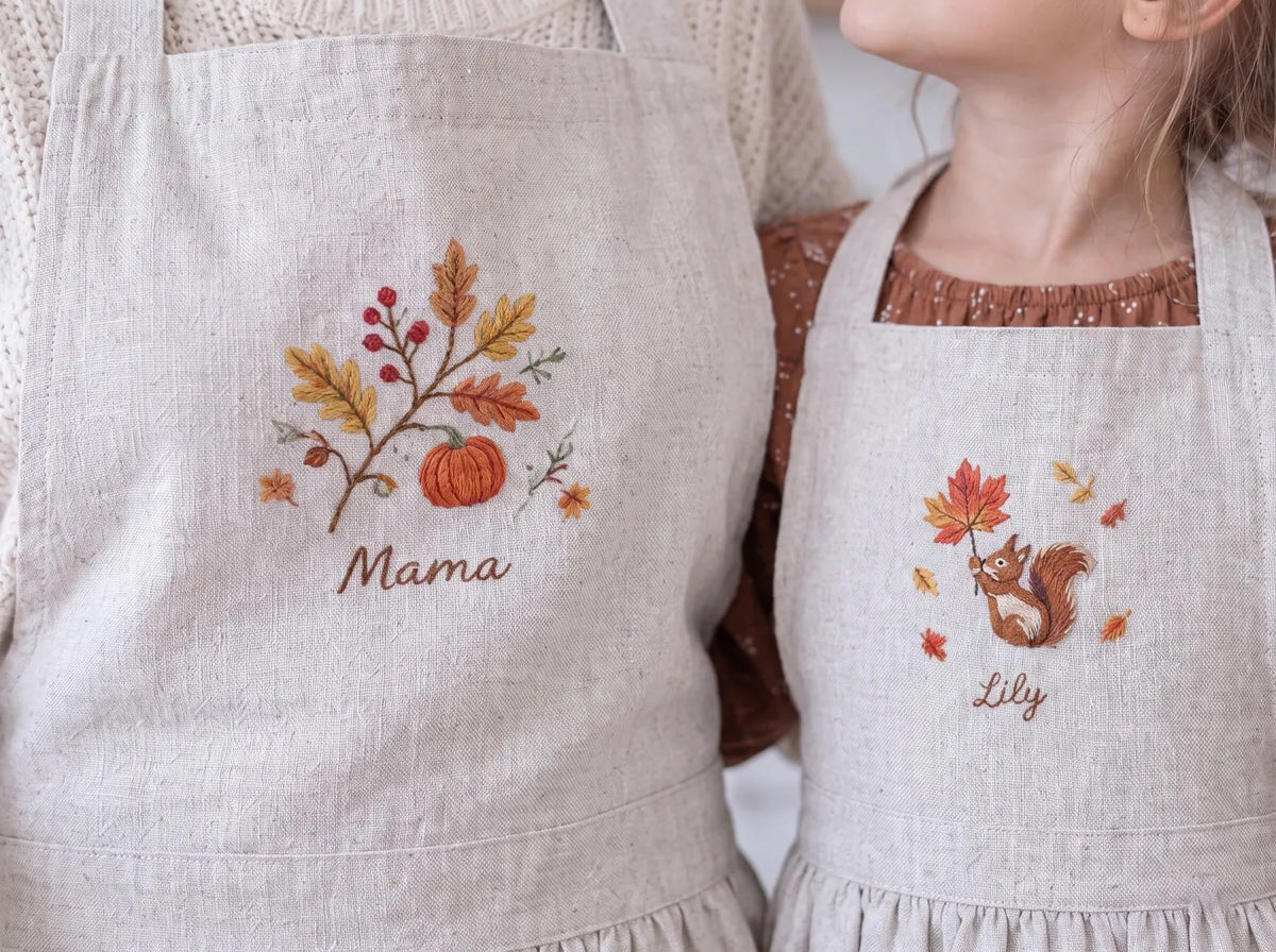 Personalized Mom and Me Aprons Set of 2, Hand Embroidered Pumpkin, Autumn Leaves & Squirrel, Custom Names, Beige Linen Fall Cooking Gift Set