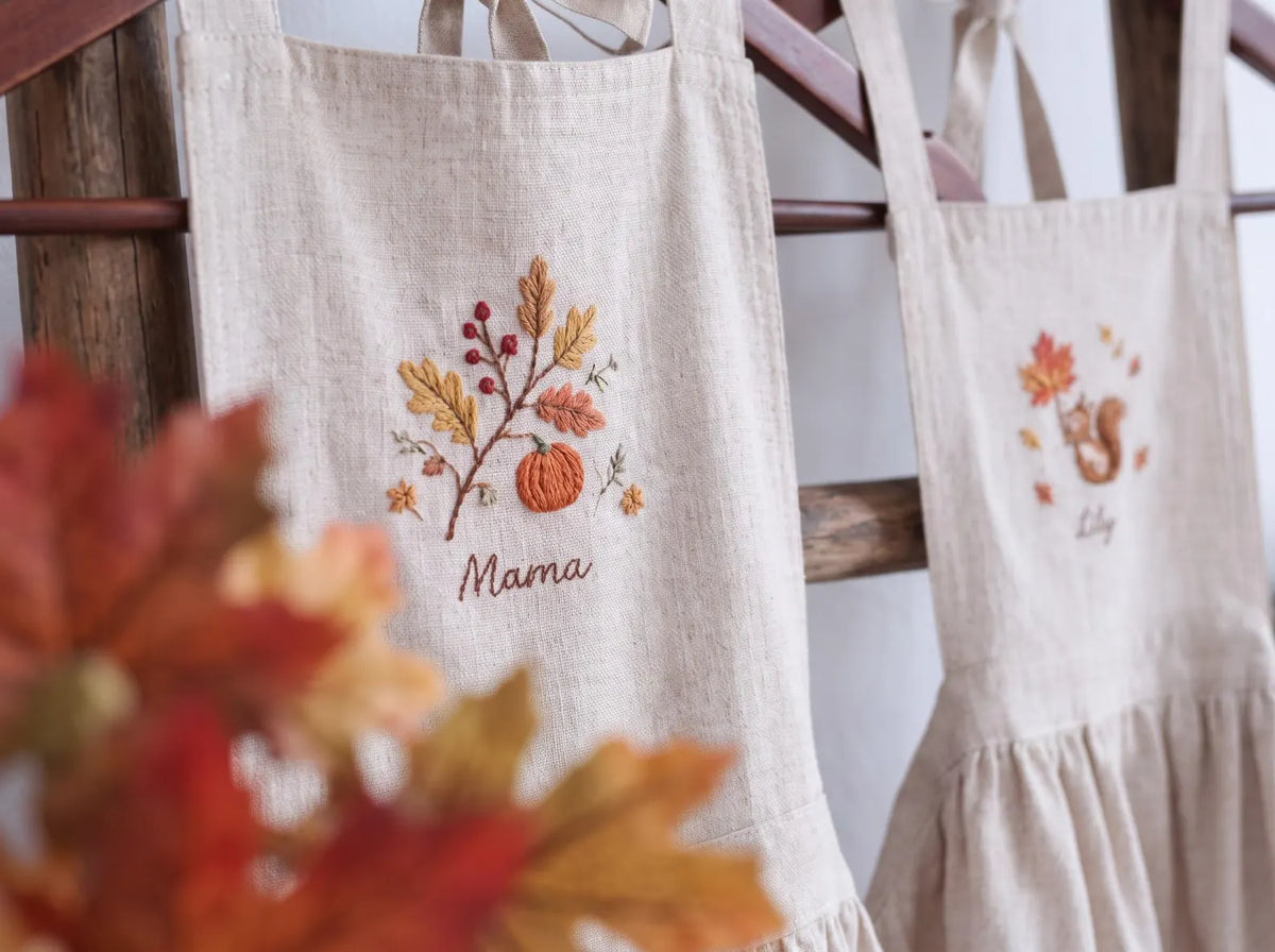 Personalized Mom and Me Aprons Set of 2, Hand Embroidered Pumpkin, Autumn Leaves & Squirrel, Custom Names, Beige Linen Fall Cooking Gift Set