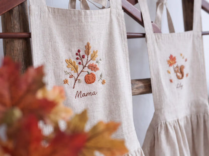 Personalized Mom and Me Aprons Set of 2, Hand Embroidered Pumpkin, Autumn Leaves & Squirrel, Custom Names, Beige Linen Fall Cooking Gift Set