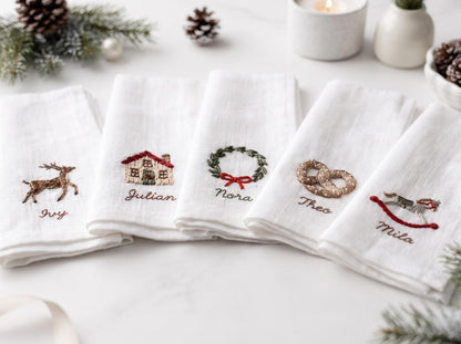 Personalized Christmas Napkins Set of 5, Hand Embroidered Reindeer, House, Wreath, Pretzel & Rocking Horse, Custom Name Linen Holiday Decor