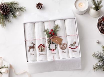 Personalized Christmas Napkins Set of 5, Hand Embroidered Reindeer, House, Wreath, Pretzel & Rocking Horse, Custom Name Linen Holiday Decor