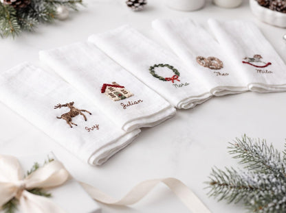 Personalized Christmas Napkins Set of 5, Hand Embroidered Reindeer, House, Wreath, Pretzel & Rocking Horse, Custom Name Linen Holiday Decor