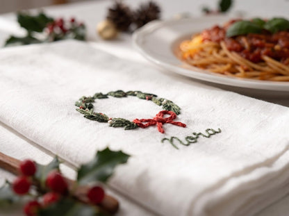 Personalized Christmas Napkins Set of 5, Hand Embroidered Reindeer, House, Wreath, Pretzel & Rocking Horse, Custom Name Linen Holiday Decor