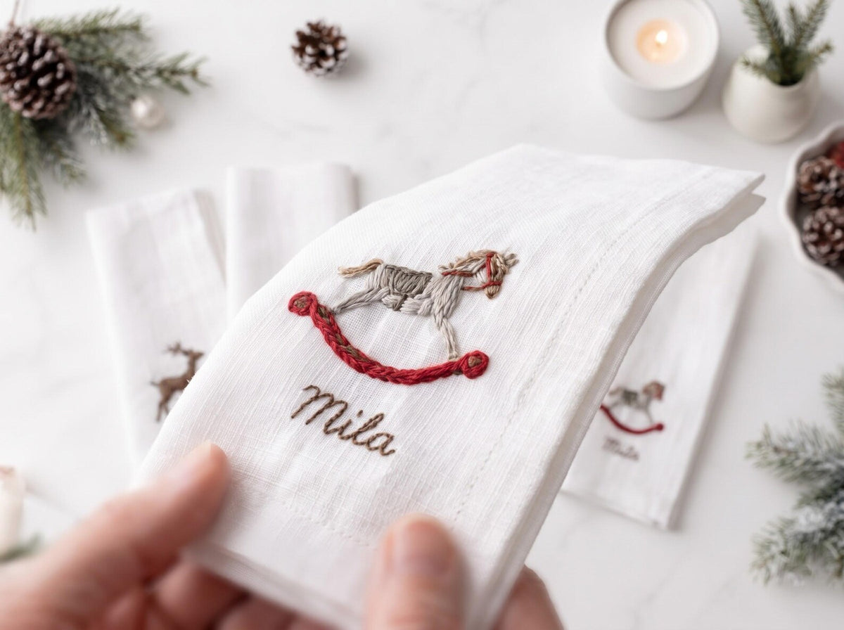Personalized Christmas Napkins Set of 5, Hand Embroidered Reindeer, House, Wreath, Pretzel & Rocking Horse, Custom Name Linen Holiday Decor