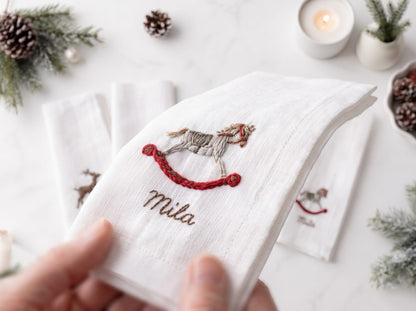 Personalized Christmas Napkins Set of 5, Hand Embroidered Reindeer, House, Wreath, Pretzel & Rocking Horse, Custom Name Linen Holiday Decor
