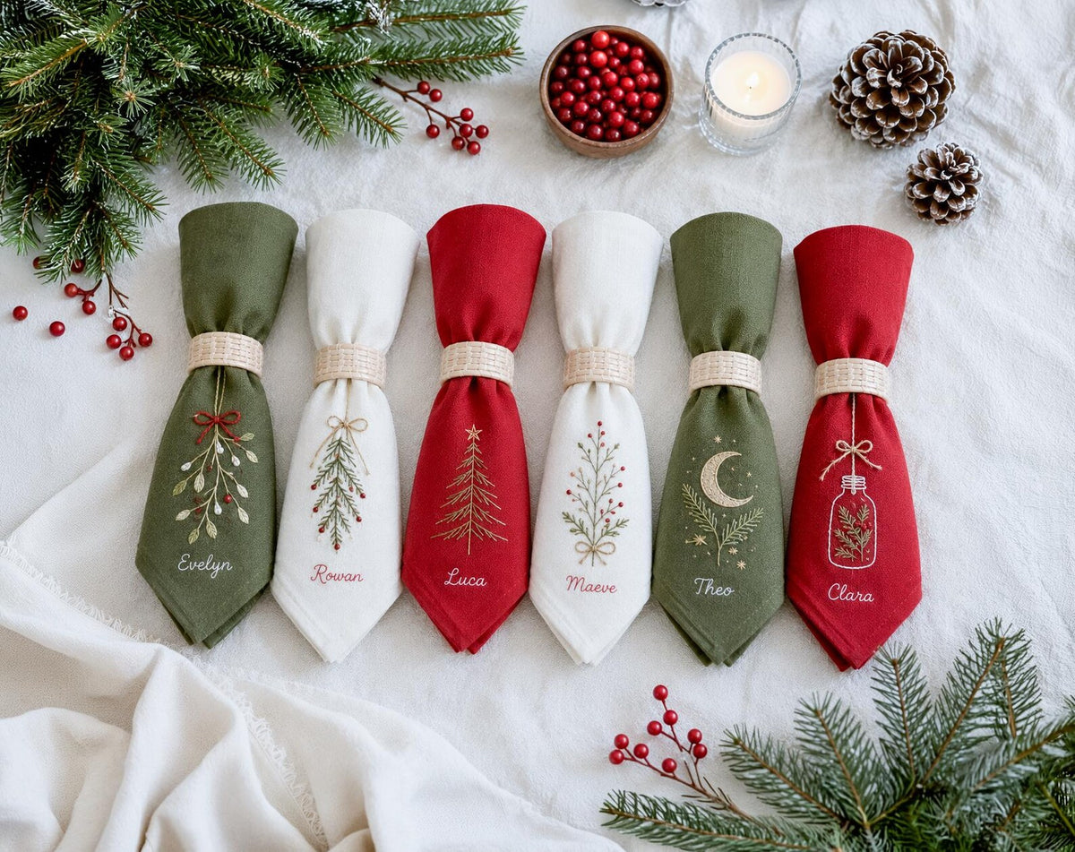 Personalized Christmas Napkins Set of 6, Hand Embroidered Mistletoe, Trees & Moon, Custom Names, Red Olive White Linen Holiday Table Decor