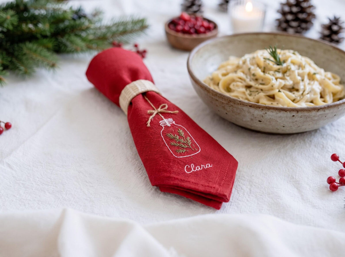 Personalized Christmas Napkins Set of 6, Hand Embroidered Mistletoe, Trees & Moon, Custom Names, Red Olive White Linen Holiday Table Decor