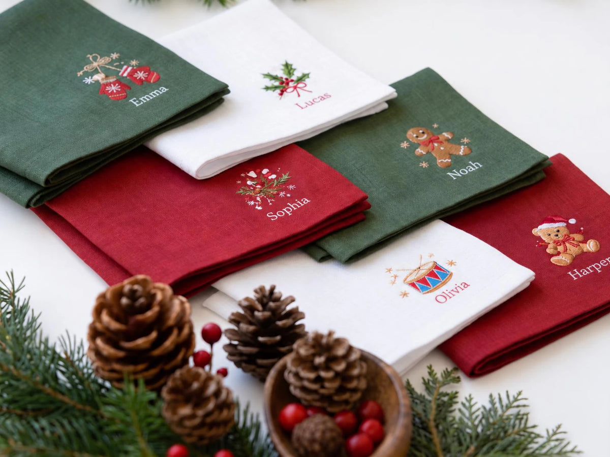 Personalized Christmas Napkins Set of 6, Hand Embroidered Mittens, Holly, Candy Cane, Gingerbread & Teddy Bear, Custom Name Linen Table Sets