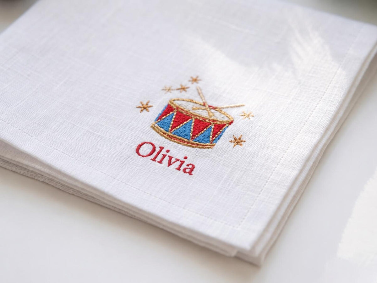 Personalized Christmas Napkins Set of 6, Hand Embroidered Mittens, Holly, Candy Cane, Gingerbread & Teddy Bear, Custom Name Linen Table Sets