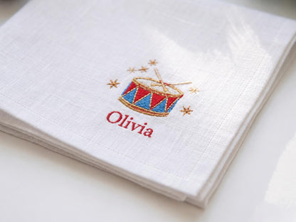 Personalized Christmas Napkins Set of 6, Hand Embroidered Mittens, Holly, Candy Cane, Gingerbread & Teddy Bear, Custom Name Linen Table Sets