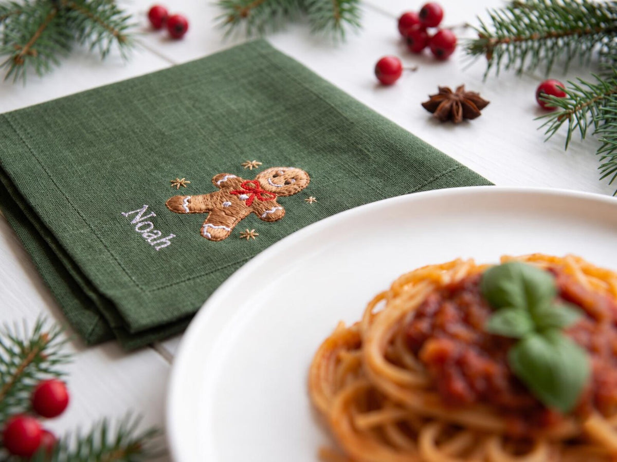 Personalized Christmas Napkins Set of 6, Hand Embroidered Mittens, Holly, Candy Cane, Gingerbread & Teddy Bear, Custom Name Linen Table Sets