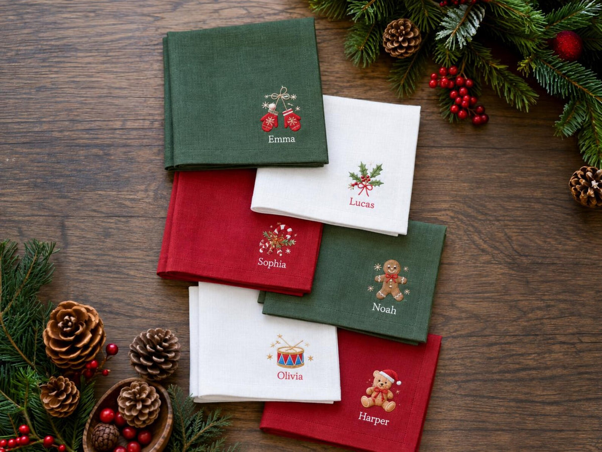 Personalized Christmas Napkins Set of 6, Hand Embroidered Mittens, Holly, Candy Cane, Gingerbread & Teddy Bear, Custom Name Linen Table Sets