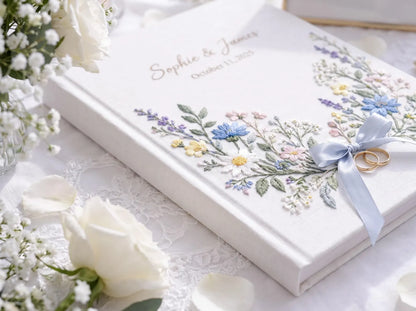 Custom Hand Embroidered Wedding Guest Book, Personalized Linen Photo Album, Wildflower Wedding Keepsake, Memory Book, Bridal Gift