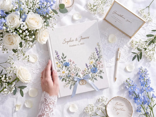 Custom Hand Embroidered Wedding Guest Book, Personalized Linen Photo Album, Wildflower Wedding Keepsake, Memory Book, Bridal Gift