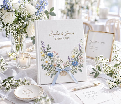 Custom Hand Embroidered Wedding Guest Book, Personalized Linen Photo Album, Wildflower Wedding Keepsake, Memory Book, Bridal Gift