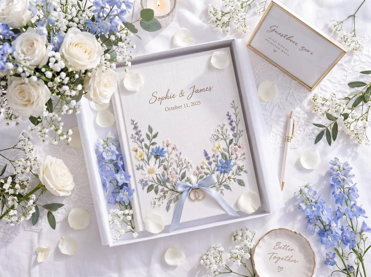 Custom Hand Embroidered Wedding Guest Book, Personalized Linen Photo Album, Wildflower Wedding Keepsake, Memory Book, Bridal Gift