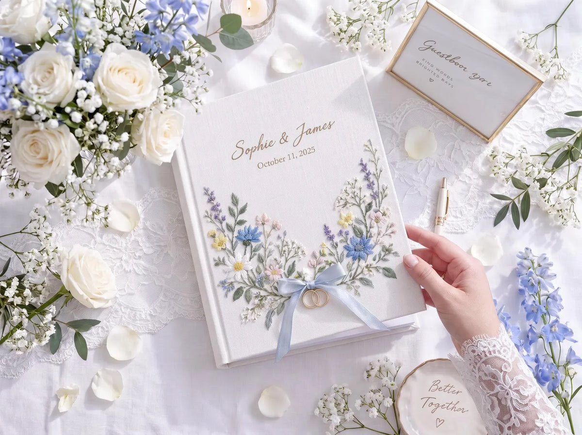 Custom Hand Embroidered Wedding Guest Book, Personalized Linen Photo Album, Wildflower Wedding Keepsake, Memory Book, Bridal Gift