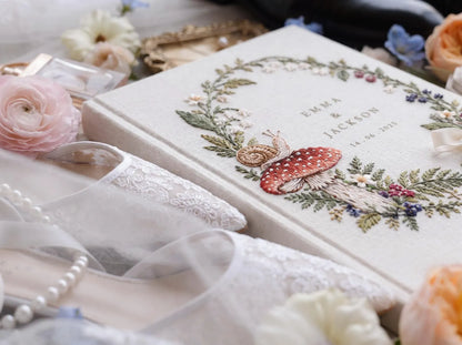 Custom Hand Embroidered Mushroom Wedding Guest Book, Woodland Linen Photo Album, Personalized Memory Book, Wedding Keepsake, Bridal Gift