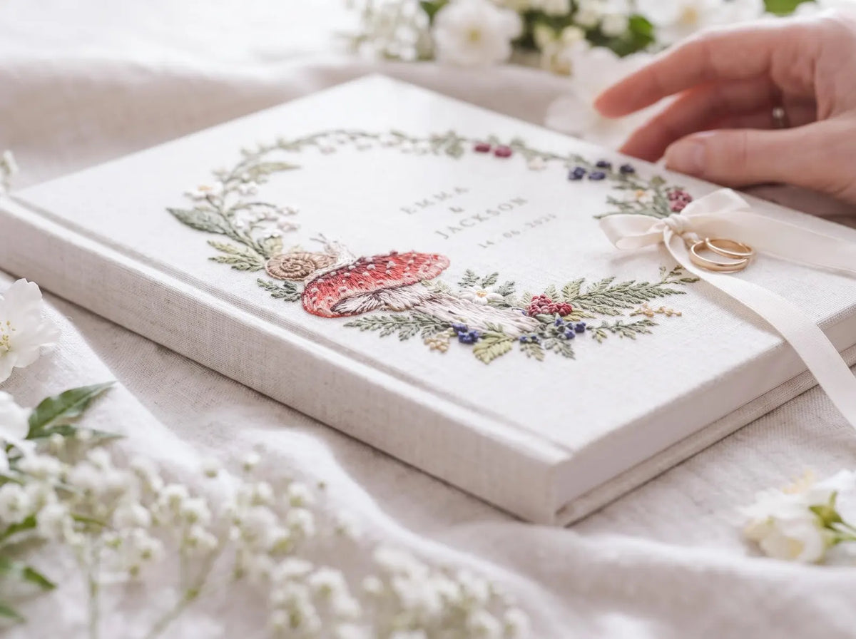 Custom Hand Embroidered Mushroom Wedding Guest Book, Woodland Linen Photo Album, Personalized Memory Book, Wedding Keepsake, Bridal Gift