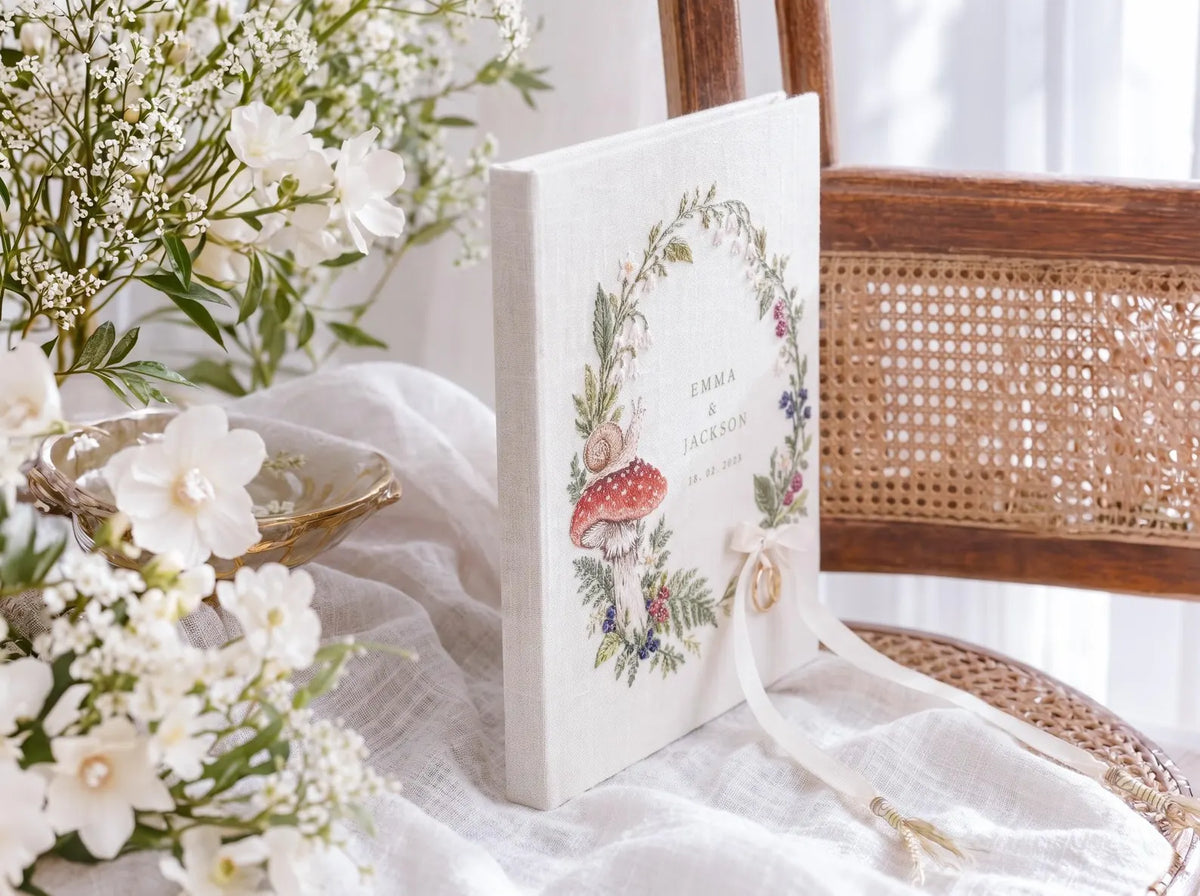 Custom Hand Embroidered Mushroom Wedding Guest Book, Woodland Linen Photo Album, Personalized Memory Book, Wedding Keepsake, Bridal Gift