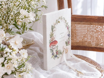 Custom Hand Embroidered Mushroom Wedding Guest Book, Woodland Linen Photo Album, Personalized Memory Book, Wedding Keepsake, Bridal Gift
