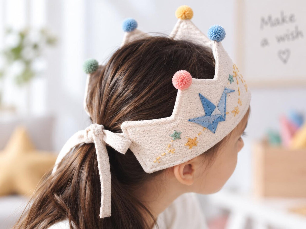 Personalized Birthday Crown, Hand Embroidered Origami Cranes & Stars, Custom Name Age Linen Fabric Crown, Kids Birthday Party Hat Gift Set