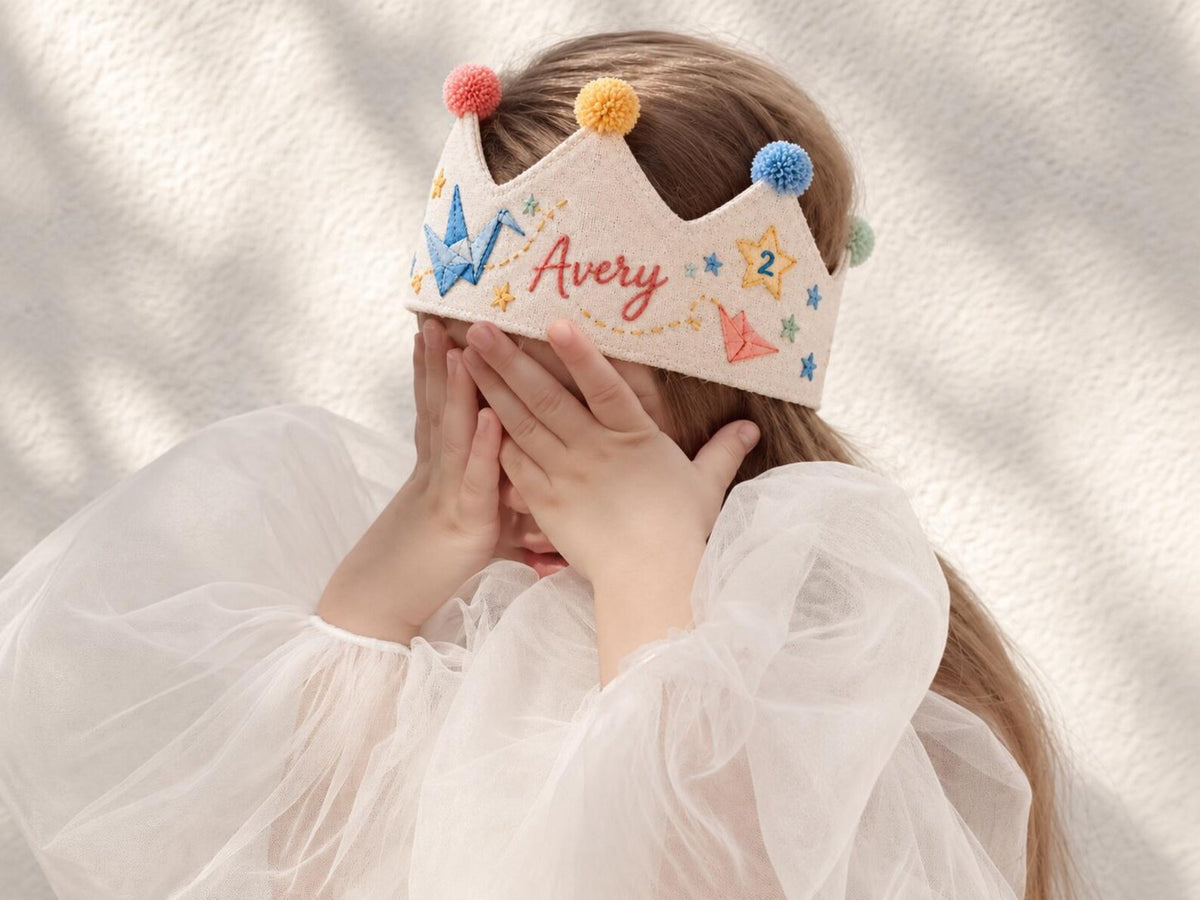 Personalized Birthday Crown, Hand Embroidered Origami Cranes & Stars, Custom Name Age Linen Fabric Crown, Kids Birthday Party Hat Gift Set