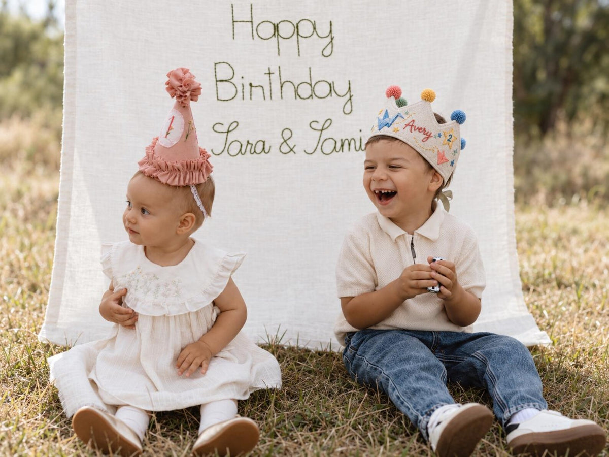 Personalized Birthday Crown, Hand Embroidered Origami Cranes & Stars, Custom Name Age Linen Fabric Crown, Kids Birthday Party Hat Gift Set