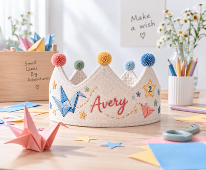 Personalized Birthday Crown, Hand Embroidered Origami Cranes & Stars, Custom Name Age Linen Fabric Crown, Kids Birthday Party Hat Gift Set