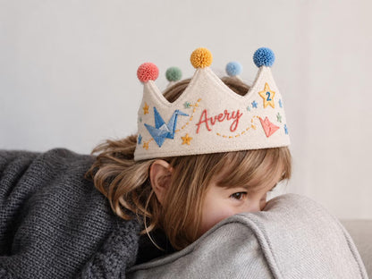 Personalized Birthday Crown, Hand Embroidered Origami Cranes & Stars, Custom Name Age Linen Fabric Crown, Kids Birthday Party Hat Gift Set