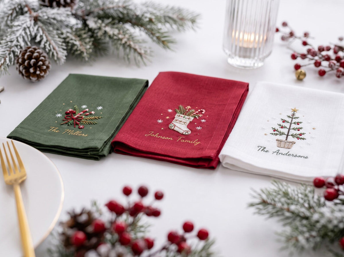 Personalized Christmas Napkins Set of 3, Hand Embroidered Stocking, Tree & Greenery, Custom Family Name Holiday Table Linens Red Green White