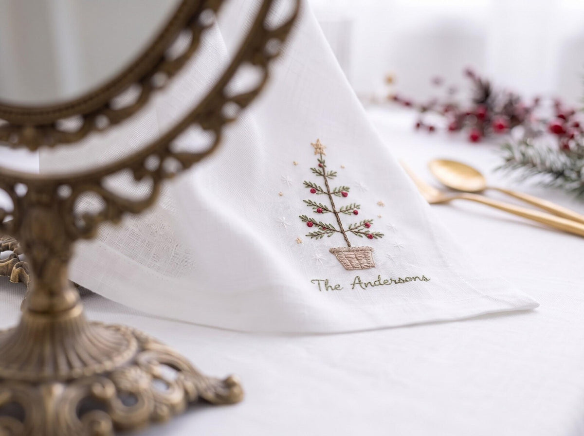 Personalized Christmas Napkins Set of 3, Hand Embroidered Stocking, Tree & Greenery, Custom Family Name Holiday Table Linens Red Green White