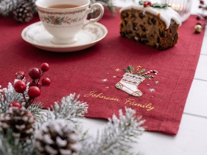 Personalized Christmas Napkins Set of 3, Hand Embroidered Stocking, Tree & Greenery, Custom Family Name Holiday Table Linens Red Green White
