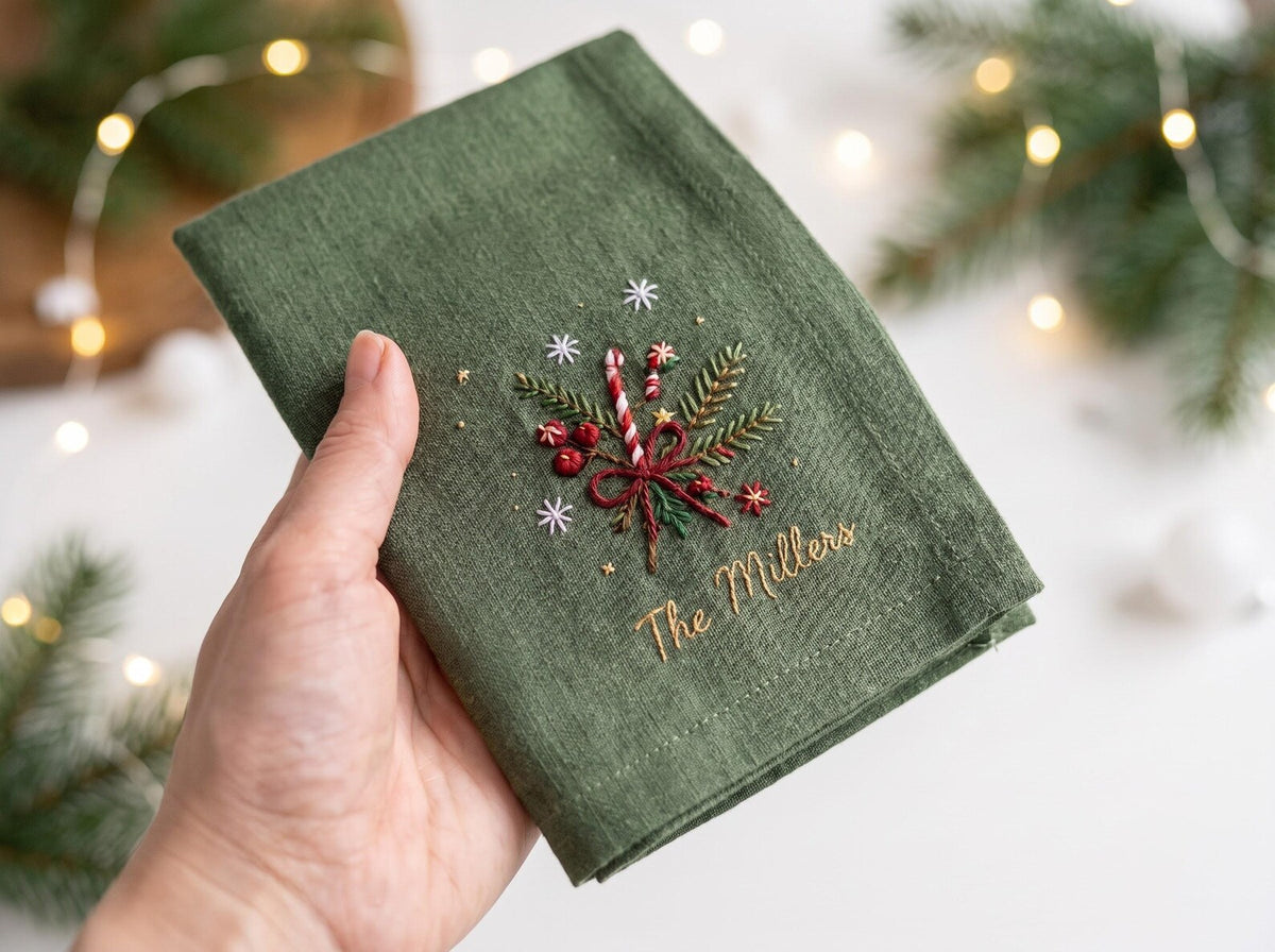 Personalized Christmas Napkins Set of 3, Hand Embroidered Stocking, Tree & Greenery, Custom Family Name Holiday Table Linens Red Green White