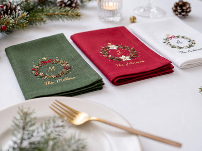 Personalized Christmas Napkins Set of 3, Hand Embroidered Wreaths, Custom Initials & Family Names, Red Green White Linen Holiday Table Decor
