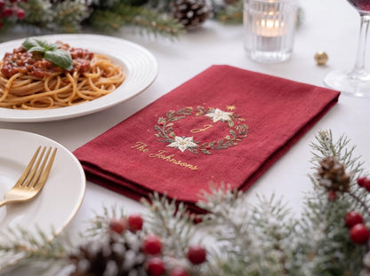 Personalized Christmas Napkins Set of 3, Hand Embroidered Wreaths, Custom Initials & Family Names, Red Green White Linen Holiday Table Decor