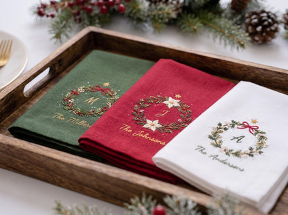 Personalized Christmas Napkins Set of 3, Hand Embroidered Wreaths, Custom Initials & Family Names, Red Green White Linen Holiday Table Decor