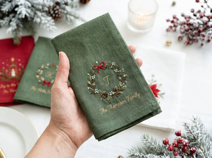 Personalized Christmas Napkins Set of 3, Hand Embroidered Wreath, Lantern & Poinsettia, Custom Family Name Red Green White Holiday Linen Set