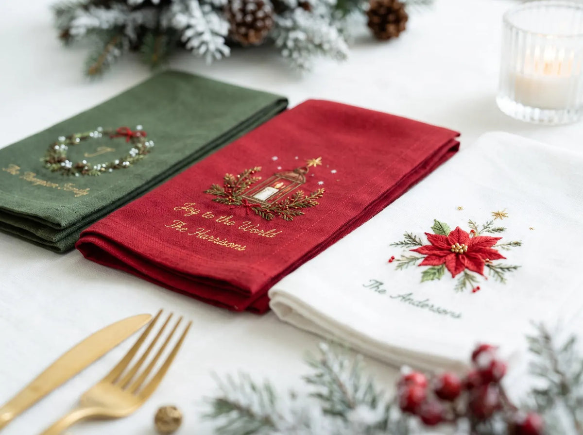 Personalized Christmas Napkins Set of 3, Hand Embroidered Wreath, Lantern & Poinsettia, Custom Family Name Red Green White Holiday Linen Set