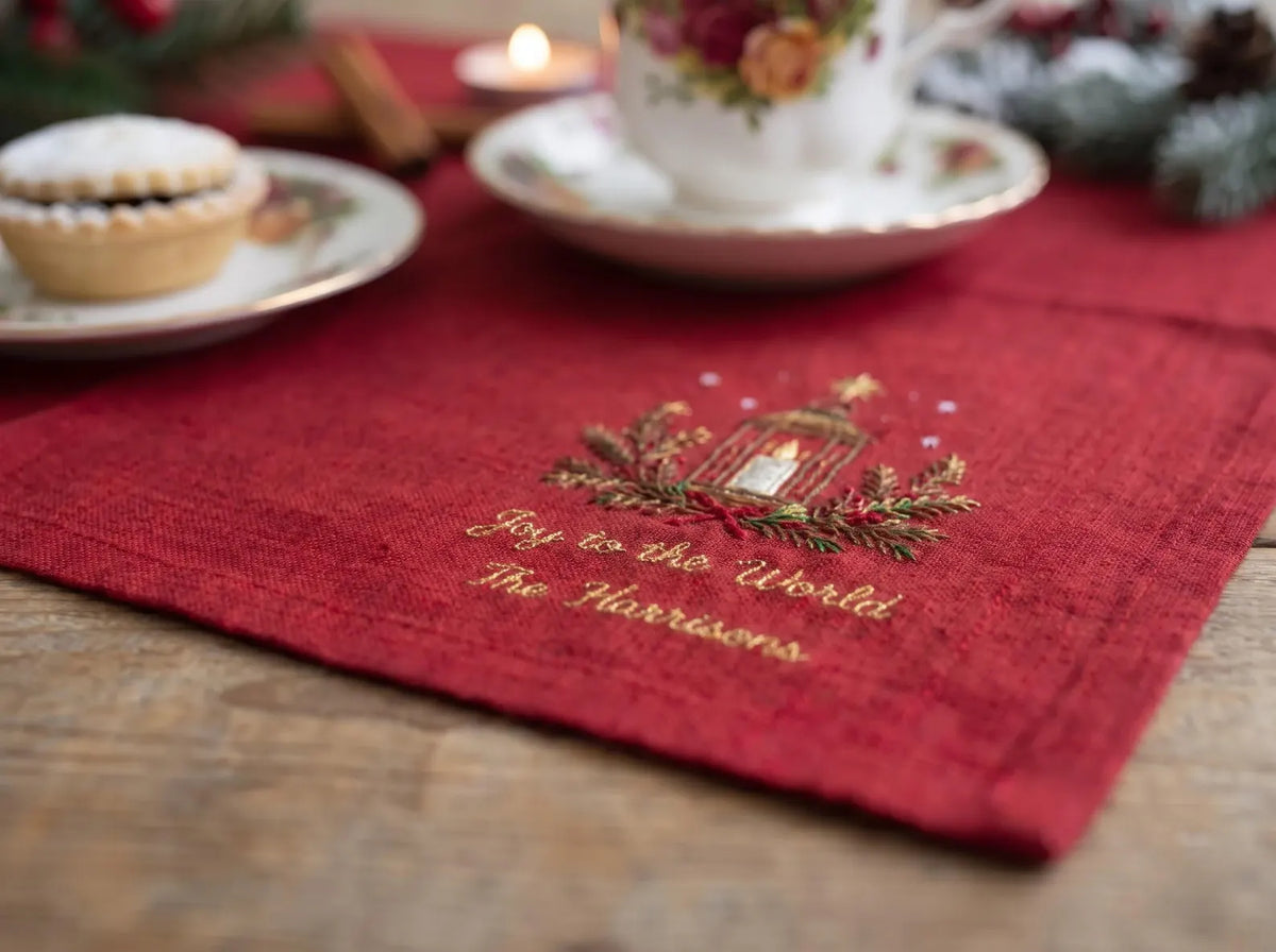 Personalized Christmas Napkins Set of 3, Hand Embroidered Wreath, Lantern & Poinsettia, Custom Family Name Red Green White Holiday Linen Set