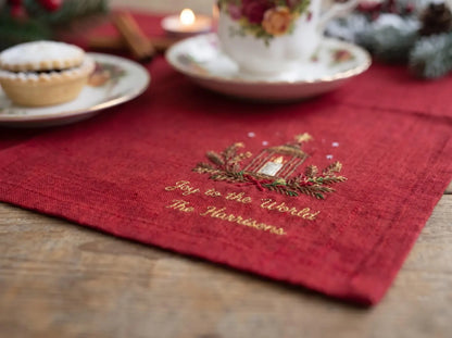 Personalized Christmas Napkins Set of 3, Hand Embroidered Wreath, Lantern & Poinsettia, Custom Family Name Red Green White Holiday Linen Set