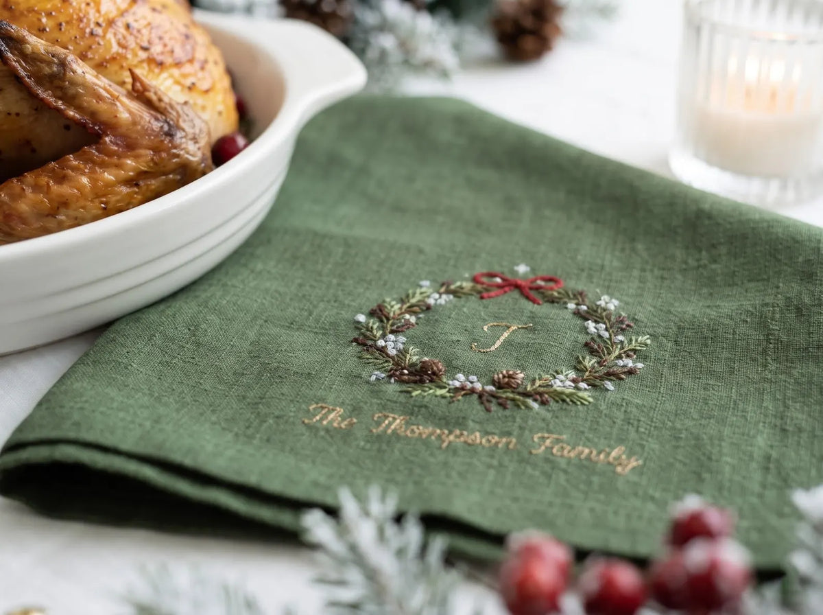 Personalized Christmas Napkins Set of 3, Hand Embroidered Wreath, Lantern & Poinsettia, Custom Family Name Red Green White Holiday Linen Set