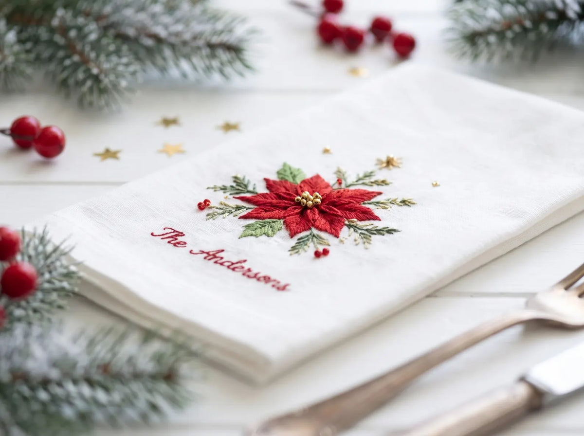 Personalized Christmas Napkins Set of 3, Hand Embroidered Wreath, Lantern & Poinsettia, Custom Family Name Red Green White Holiday Linen Set