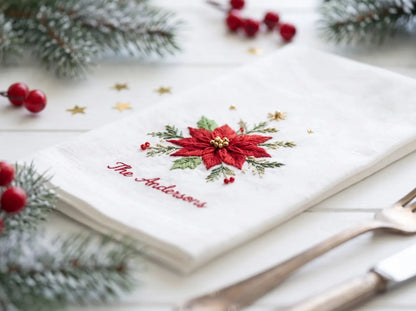 Personalized Christmas Napkins Set of 3, Hand Embroidered Wreath, Lantern & Poinsettia, Custom Family Name Red Green White Holiday Linen Set