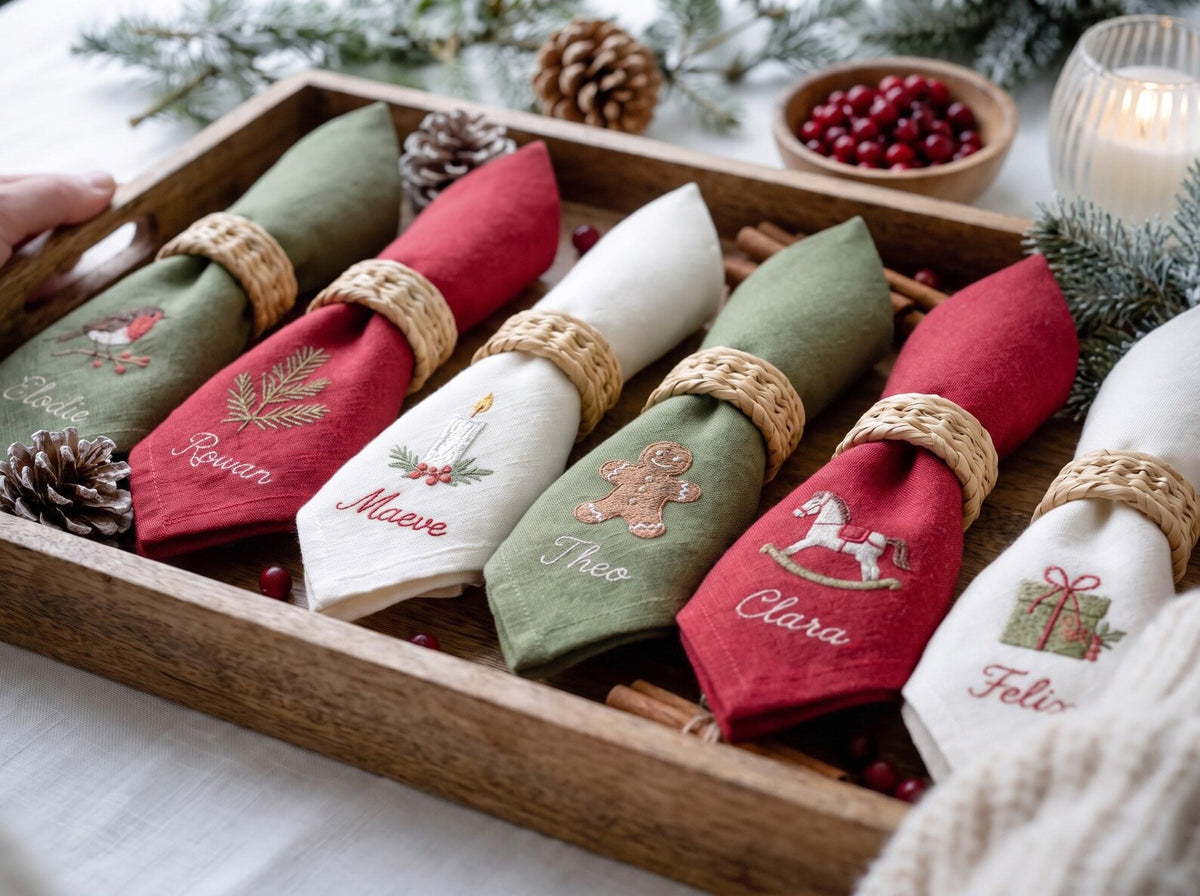 Personalized Christmas Napkins Set of 6, Hand Embroidered Robin, Candle, Gingerbread, Rocking Horse & Gift, Custom Names Linen Holiday Decor