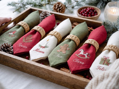 Personalized Christmas Napkins Set of 6, Hand Embroidered Robin, Candle, Gingerbread, Rocking Horse & Gift, Custom Names Linen Holiday Decor